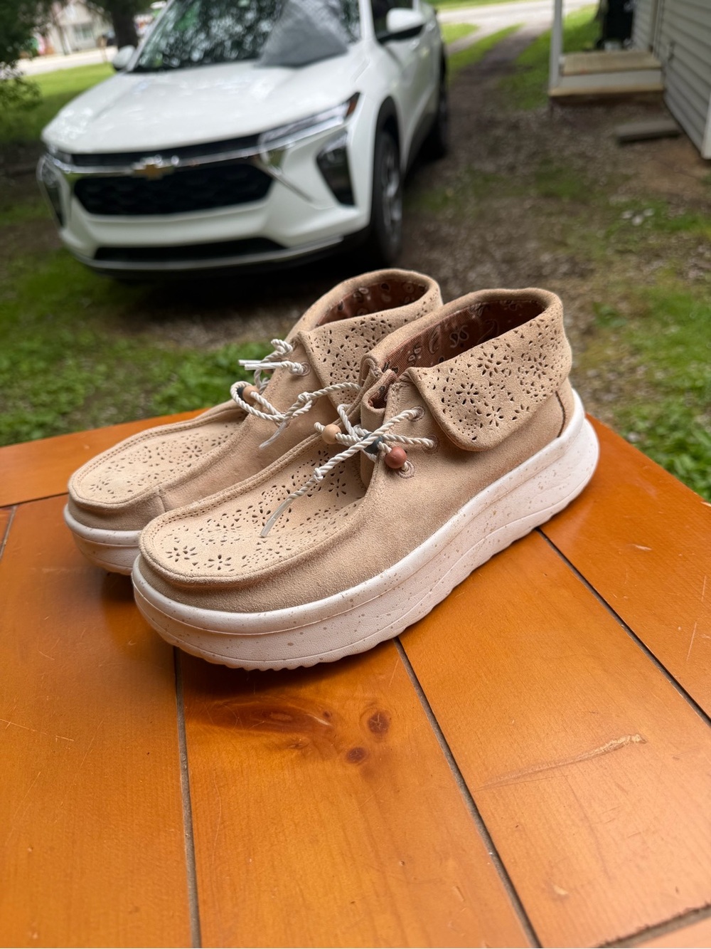Hey Dude Women's Tan Suede Perforated Platform Ankle Boots